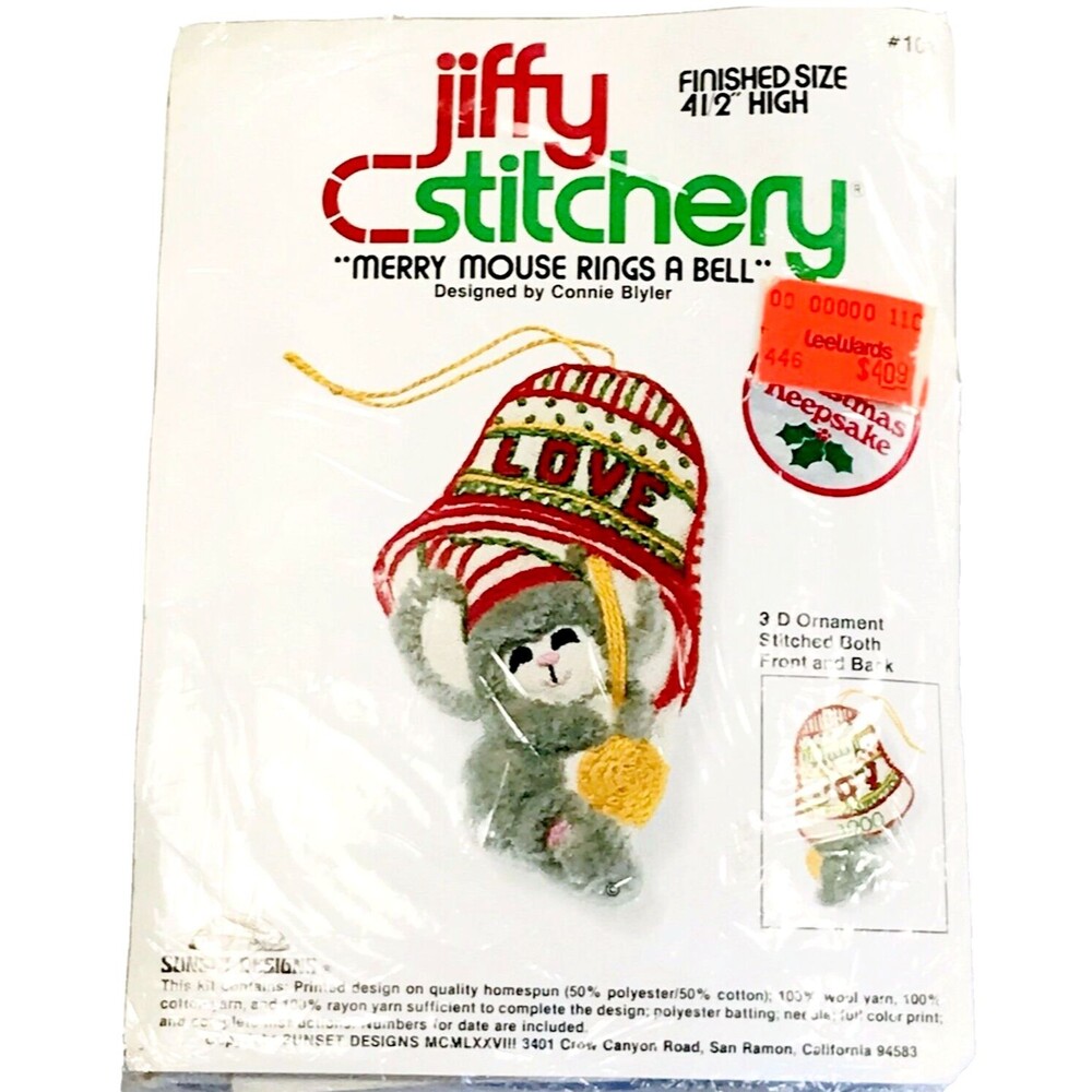 Jiffy Stitchery NEW Vtg Embroidery Kit Merry Mouse Rings Bell Christmas Ornament